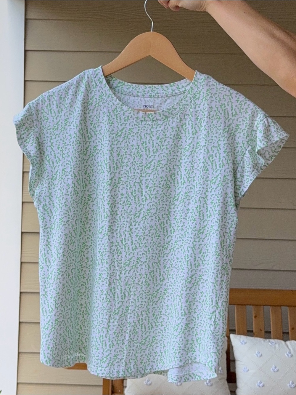 crown & ivy White Tee with Light Green Ditsy Print